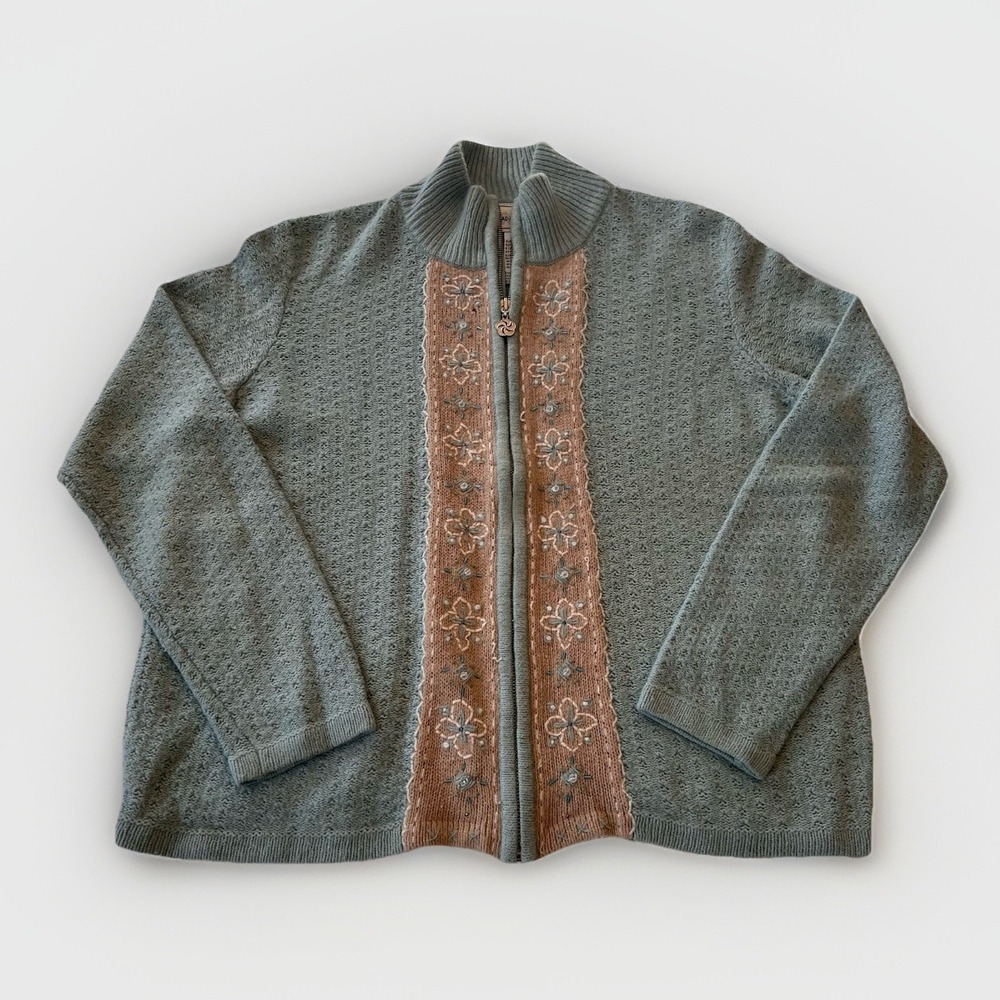 Vintage 1990s‎ Napa Valley Sage Green Floral Beaded Full Zip Sweater Small